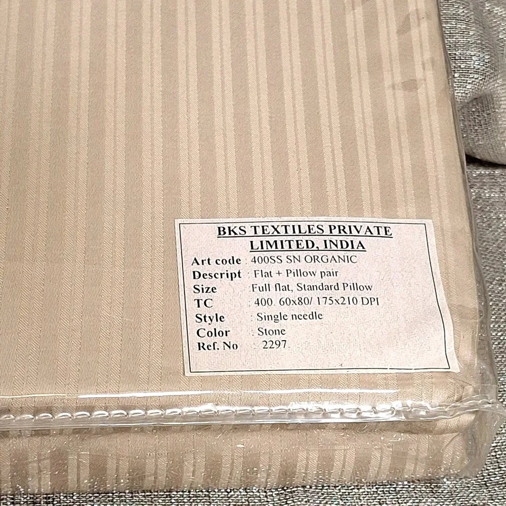 BKS Textiles Organic Full Flat + Pillow Pair Stone Ribbed Stripe Beige 400 Count